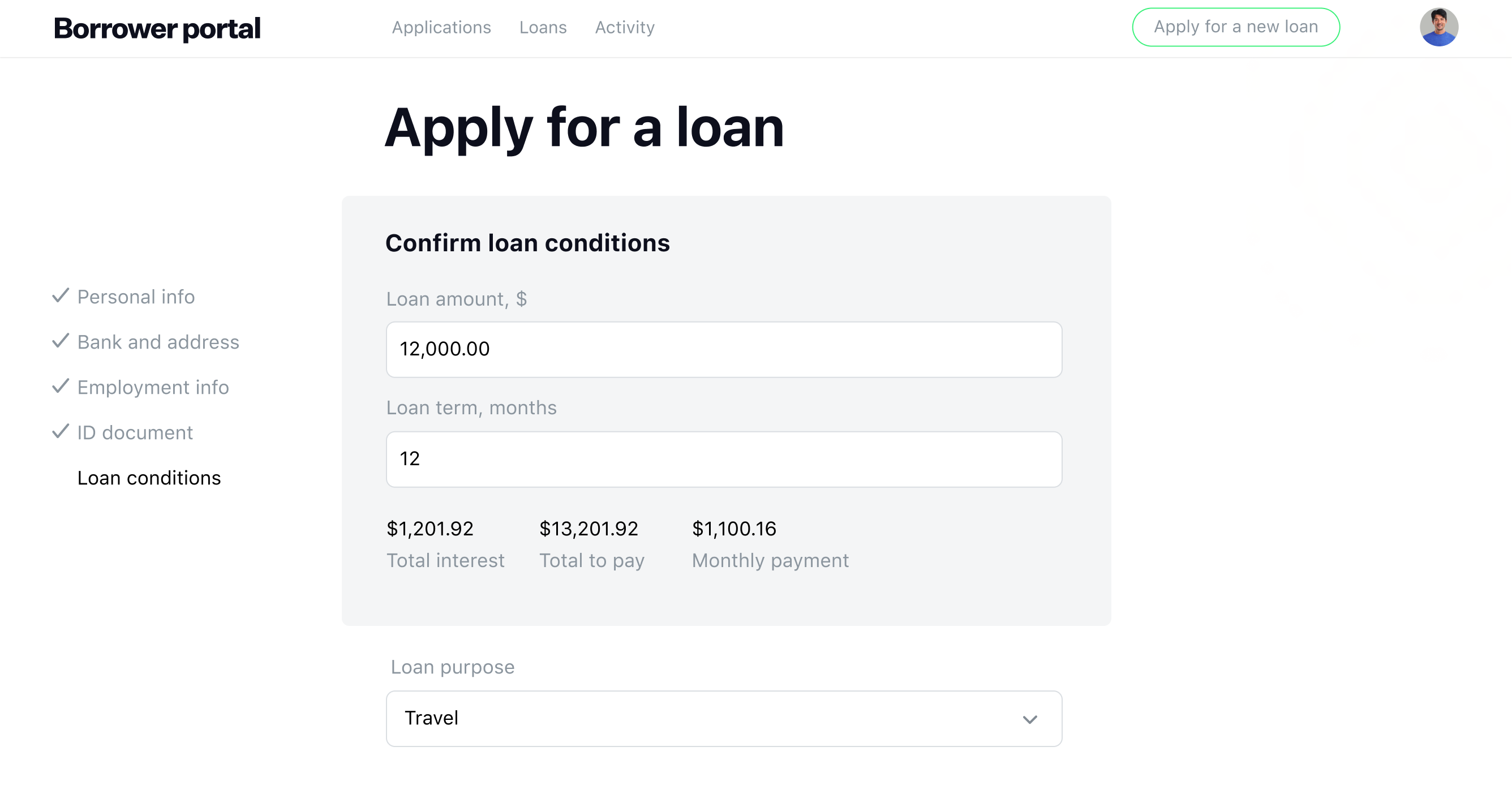 consumer loan origination software interface