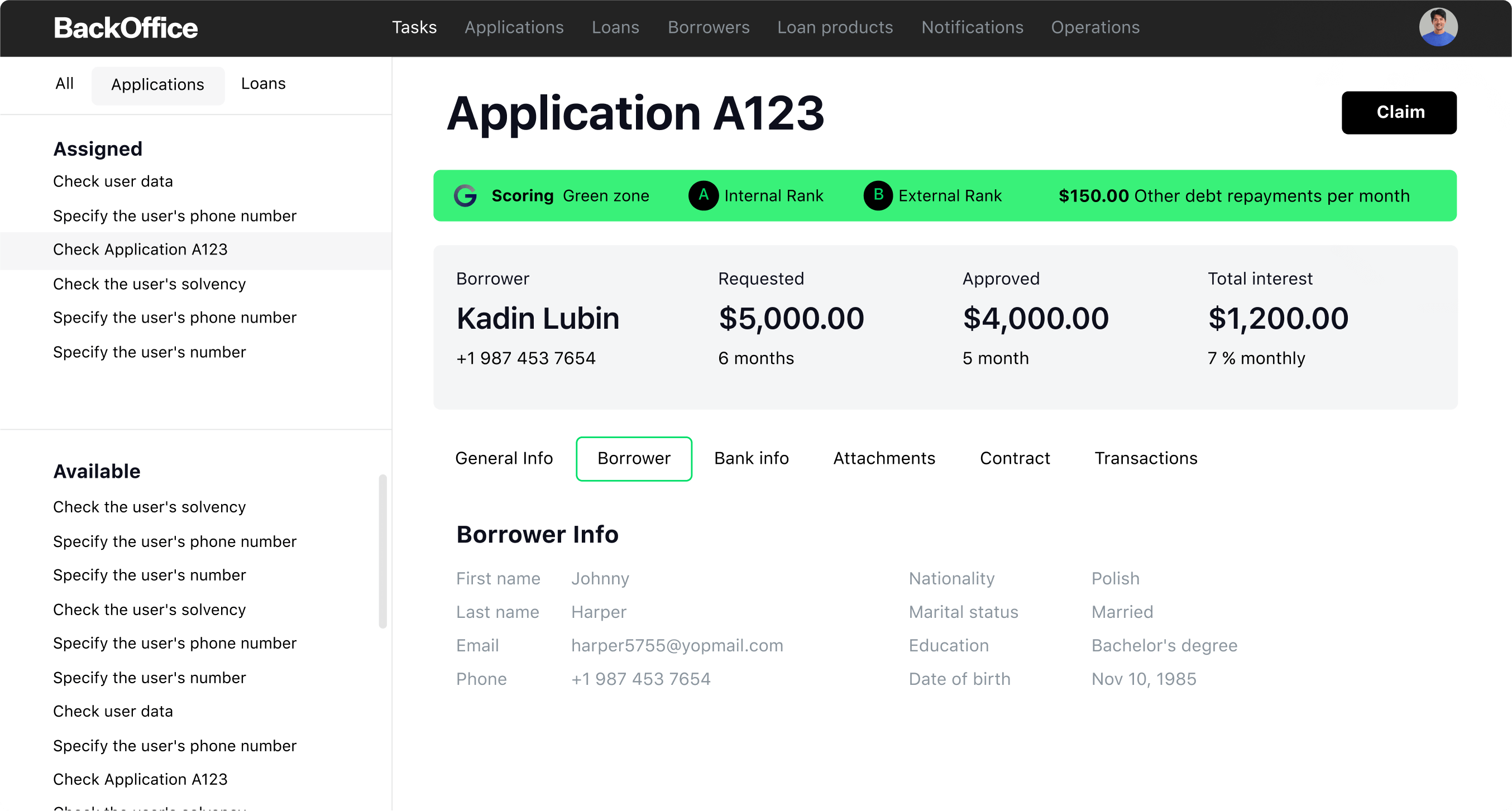 bank lending software interface