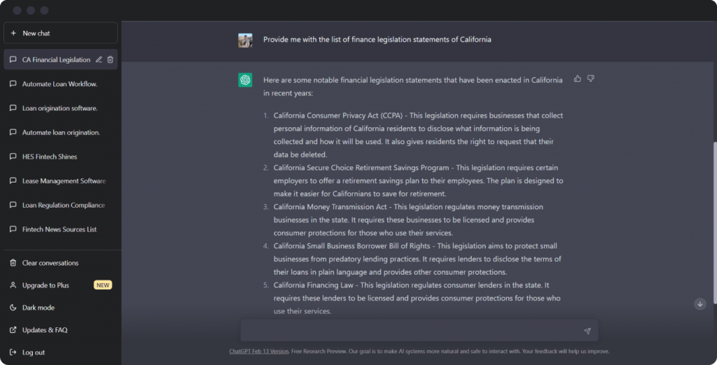 OpenAI ChatGPT usage for finance legislation tracking