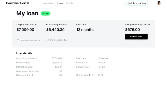 Active Loan in the Borrower Portal