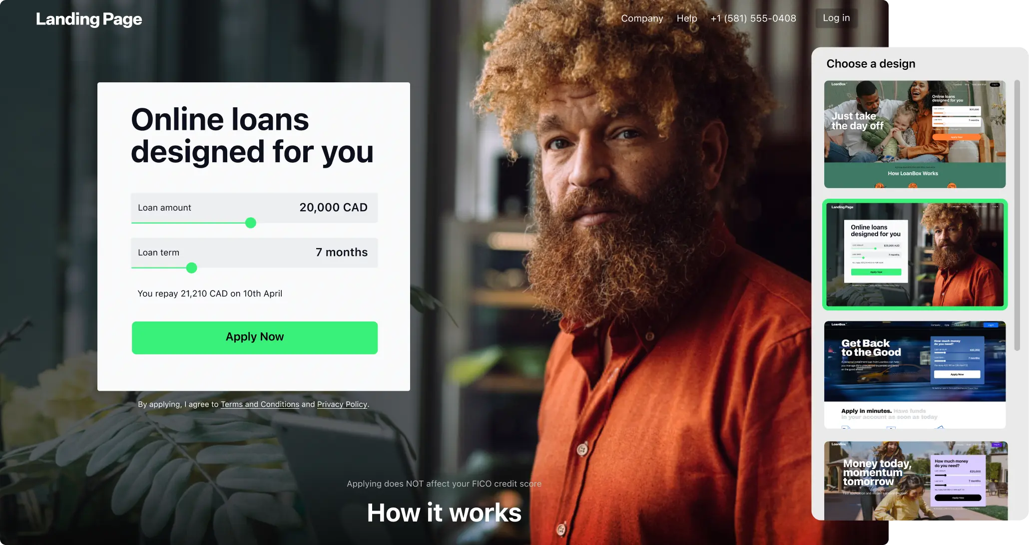 Loan application landing page screen