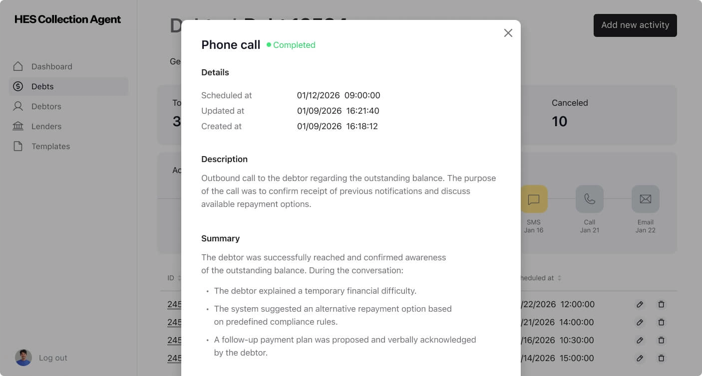 Activity details_HES debt colelction agent
