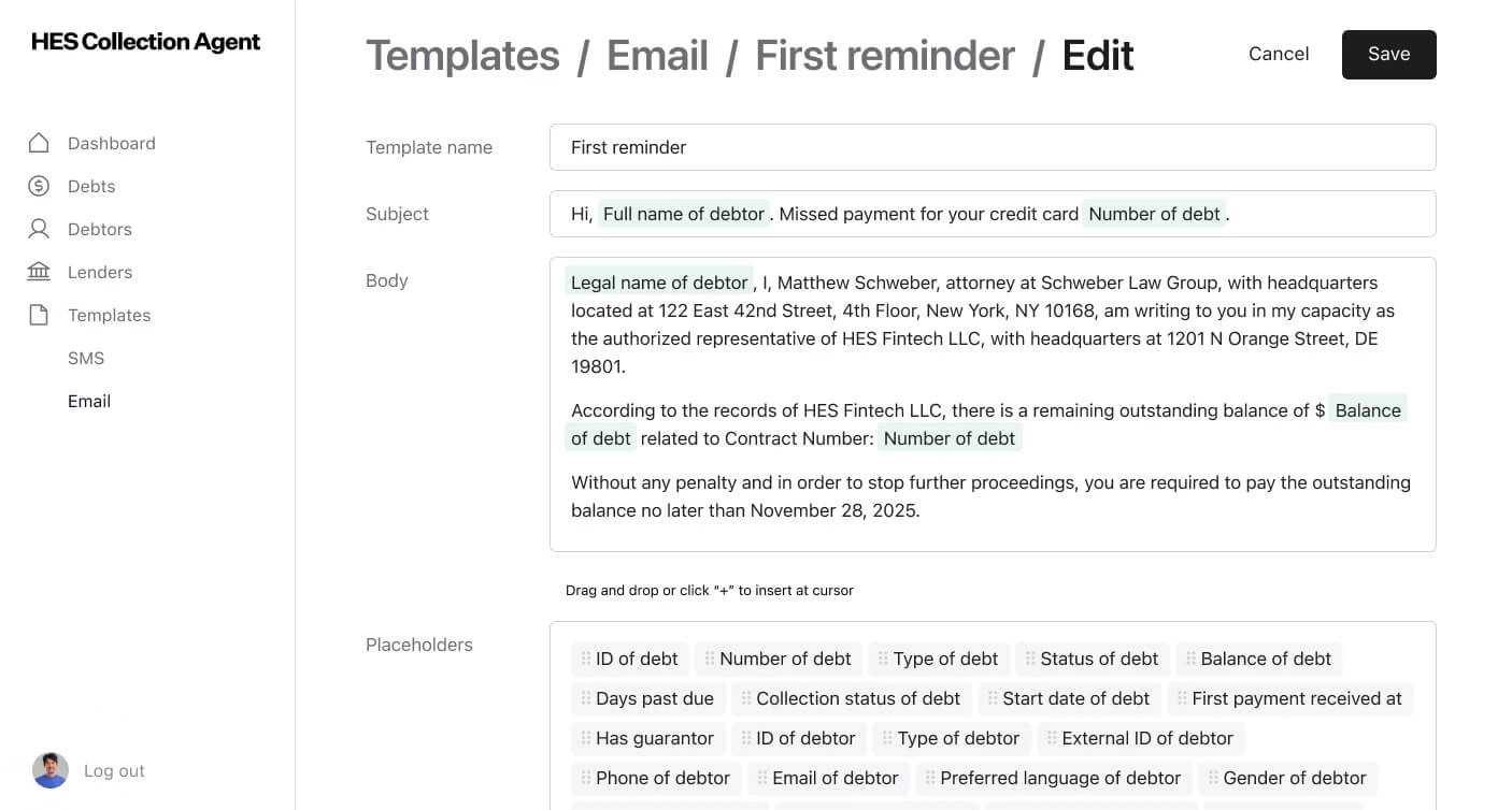 Template editor_HES collection agent