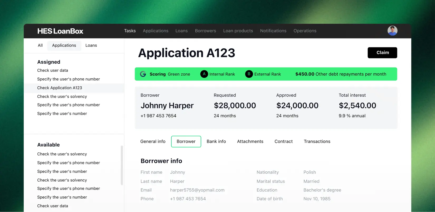 Vehicle loan portfolio performance dashboard in HES LoanBox