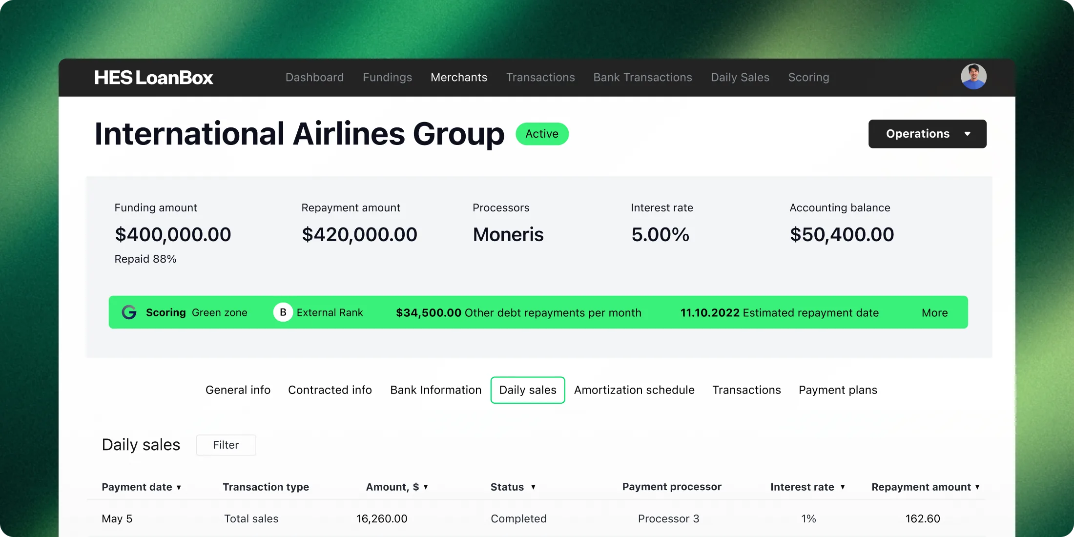 AI risk scoring dashboard for merchant cash advance portfolio