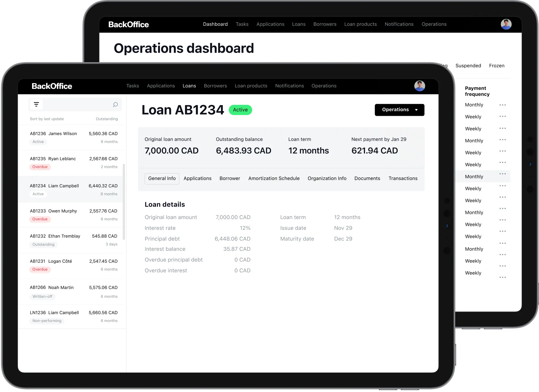Loan servicing software with pre-authorized debit, EFT, and Interac