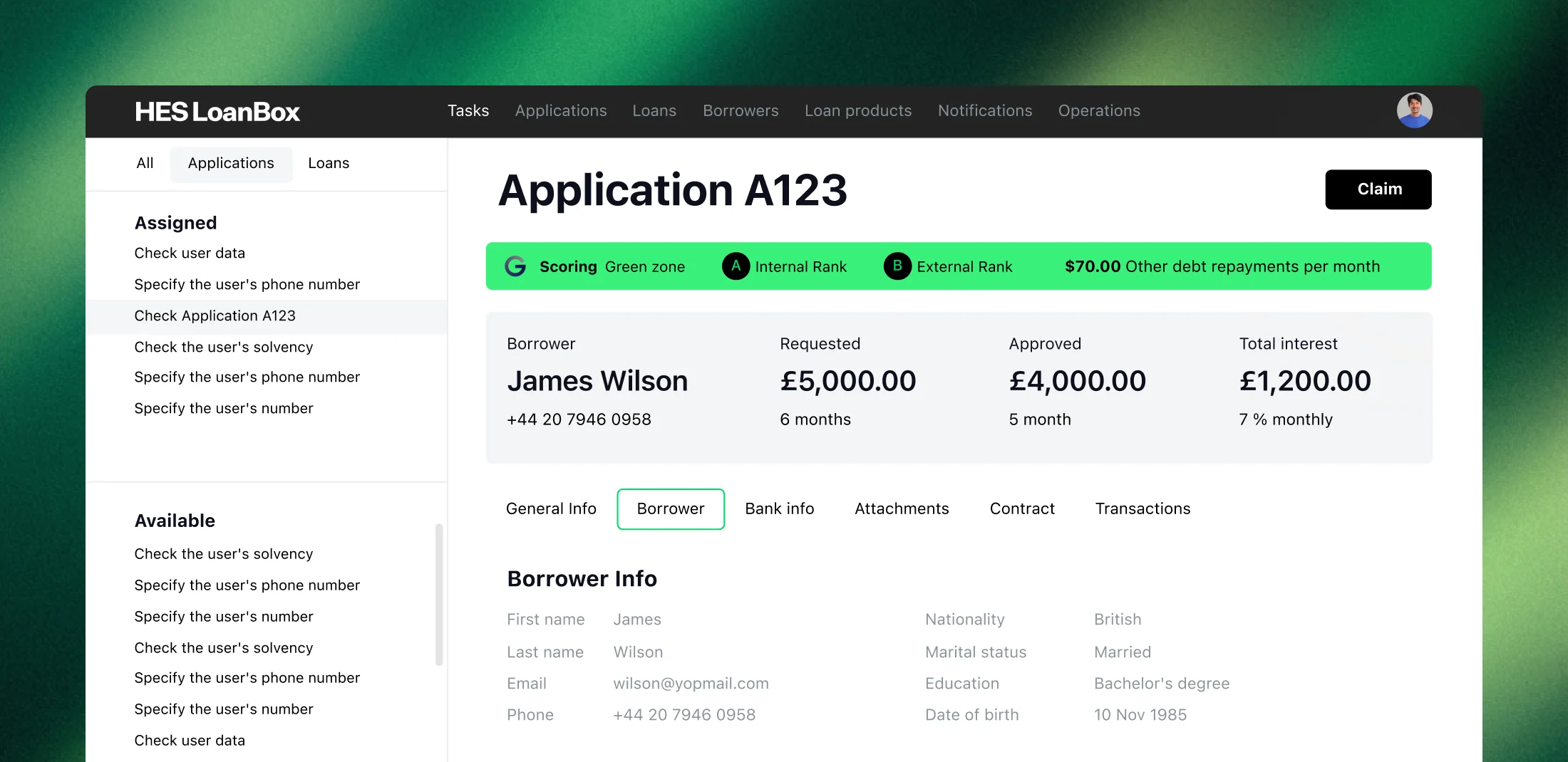 Task management dashboard for UK lending teams in HES LoanBox